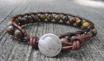 Gran Regalo Pulsera Hombre Cuero Marrón Ojo de Tigre con Botón de Búfalo Foto 1 de 4