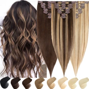 Extra Thick Double Weft Remy Clip In 100% Human Hair Extensions Full Head 8Piece - Picture 1 of 57