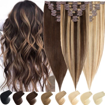 Extra Thick Double Weft Remy Clip In 100% Human Hair Extensions Full Head 8Piece - Image 1 of 4