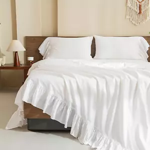 Queen'S House White Ruffles Bed Sheet Set Cotton 4-Piece King Size-Style G - Picture 1 of 12