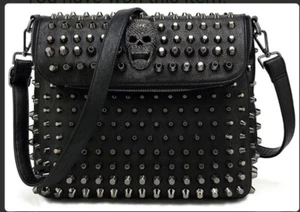 SCARLETON Black Vegan Leather Medium Shoulder Purse Handbag Skulls Metal NEW - Picture 1 of 3