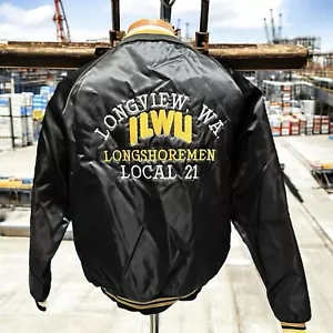 Vintage ILWU Longshoreman's Union Men's Black Satin Bomber Jacket Longview WA - Picture 1 of 7