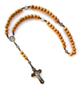Saint Benedict Round Brown Wood Beads & Cord ROSARY with Wood Crucifix - Picture 1 of 4