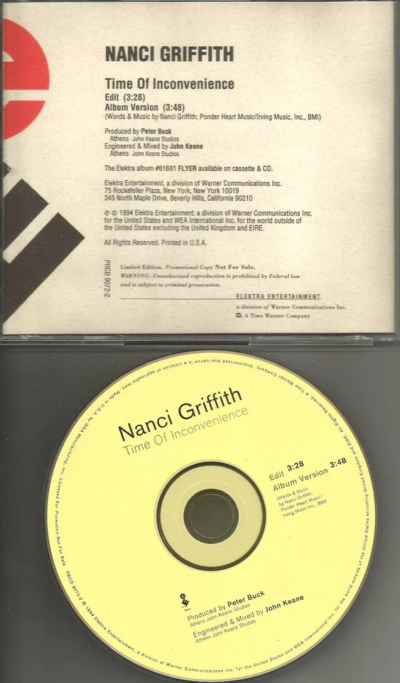 NANCI GRIFFITH Time of Inconvenience w/ RARE EDIT PROMO Radio DJ CD single 1994 - Image 1 of 1