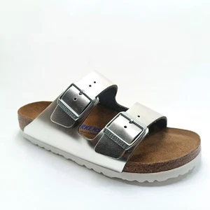 BIRKENSTOCK DONNA ARIZONA 1005961 LEATHER METALLIC SILVER SOFT FOOTBED - Foto 1 di 5