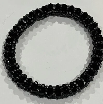 Black Tubular Kumihimo pearl and sparkling bead rolling bracelet. 9.4” LG - Image 1 of 4