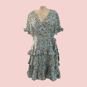 Lulus Blue Colorful Floral Tiered Short Sleeve Ruffle V Neck Mini Dress NWT - XL - Picture 1 of 10