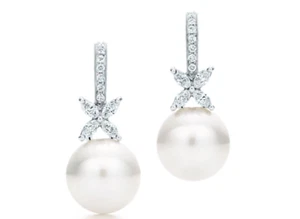$12,100 TIFFANY & CO. VICTORIA PLATINUM DIAMOND EARRINGS 11MM SOUTH SEA PEARL - Picture 1 of 7
