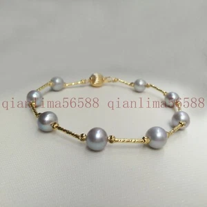 Excellent 7.5-8" Natural Akoya AAAA 8-9mm Gray Round Pearl Bracelet 14k Gold P - Picture 1 of 5