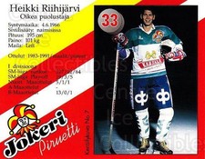 1991-92 Finnish Jokerit Helsinki Stickers #7 Heikki Riihijarvi