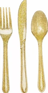 Glitz Glittering Gold Plastic 24 Pc Asst Cutlery Forks Knives Spoons - Picture 1 of 1