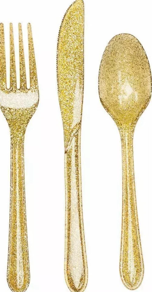 Glitz Glittering Gold Plastic 24 Pc Asst Cutlery Forks Knives Spoons - Image 1 of 1