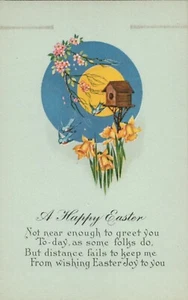 Blue Background Gold Boarder Blue Birds Flowers Bird House Poem Easter Postcard - Picture 1 of 2