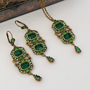 Michal Negrin Set Emerald Green Crystals Earrings Necklace Cocktail Royal Rich - Picture 1 of 21