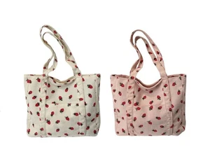 NEW CUTE STRAWBERRY CORDUROY SHOULDER TOTE BAG WITH ZIPPER ALL OVER PRINT - Picture 1 of 12