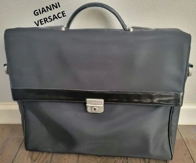 GIANNI VERSACE 商务包,灰色/黑色皮革,翻盖闭合,男式,i21865 — 第 1/4 张图片