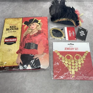 Neu mit Etikett Piratenkostüm-Set Erwachsene rote Bluse Mini Dreispitz Hut Augenklappe Schmuckset - Bild 1 von 12