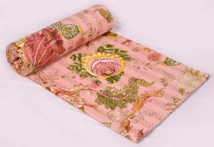 Indian Handmade Cotton Kantha Quilt Hand Block Print King Size Bedspread Blanket - Picture 1 of 8