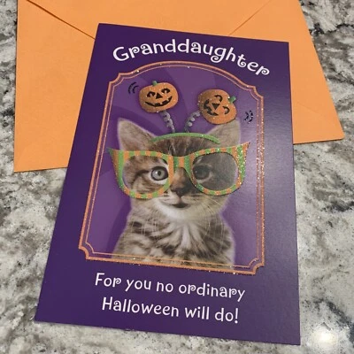 "Tarjeta de felicitación con sello de 5""x7"" de Halloween nieta divertida gato fantasma" Foto 1 de 4