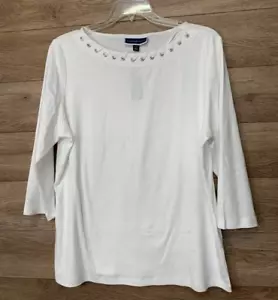 Karen Scott Womens XXL Bright White Lace Up Front Boat Neck Top 3/4 Sleeve - Picture 1 of 20