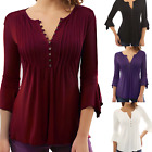 Women's V-Neck 3/4 Sleeve T-Shirt Tunic Tops Ladies Casual Pleated Blouse Tee US