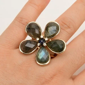 Pietra naturale labradorite scintillante fiore pietra zirconi trasparenti anelli pavè regolabili - Foto 1 di 9