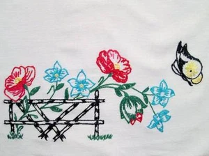 Vintage Cotton Pillowcase SINGLE Handmade Embroidery Flowers Butterfly - Picture 1 of 7