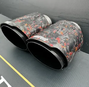2 X GLOSS BLACK & RED FORGED CARBON FIBRE AKRAPOVIC EXHAUST TIPS 4” UNIVERSAL - Picture 1 of 10