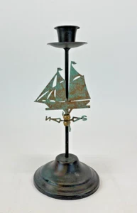 Vintage Metall Kerzenhalter / Schiff mit Wetterfahnen / 9" / Grünspan - Bild 1 von 11