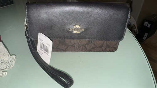 COACH Polsover Polsover F78229 Firmato Marrone Nero Oro Hardware Nuovo con etichette