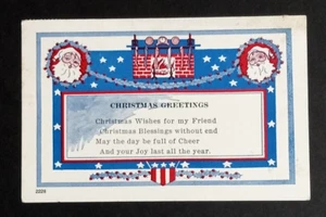 Weihnachtsgrüße rot weiß blau Weihnachtsmann Kamin Herd kastanienbraun Postkarte 1910er - Bild 1 von 3
