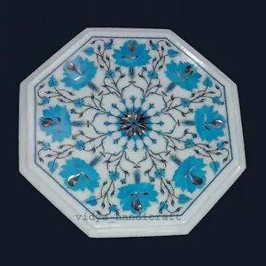 12" White Marble Octagon Center Table Top Turquoise Stone Inlay Floral Pattren - Picture 1 of 2