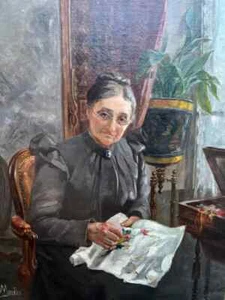 Antique 19th French Oil Painting On Canvas Portrait "the embroiderer" signed - Picture 1 of 13