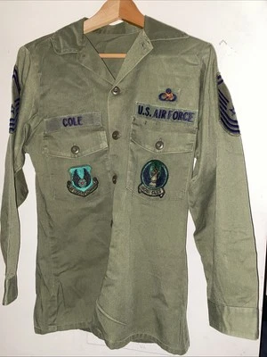 Vtg OG-507 Utility Shirt 1985 USAF 406 clss Logistics Command SMSGT sateen Green - Image 1 of 4
