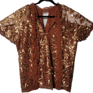 Anthropologie Lg Rose Gold Leaf Patterned Sequined Blouse - Picture 1 of 8