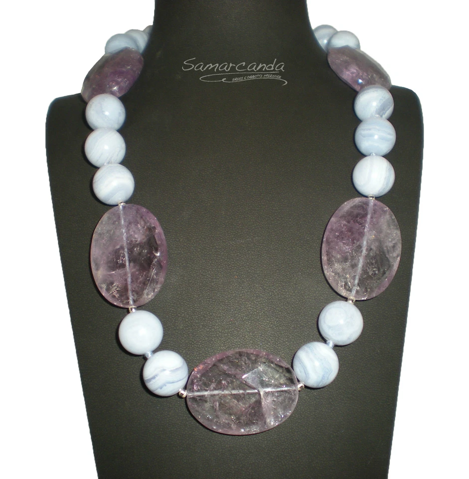 Collana In Calcedonio e Ametista chiusura a S grande rodiata Made in Italy - Immagine 1 di 1