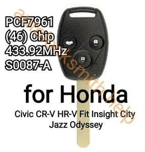 3 Button Remote Key Fob 433Mhz PCF7961 For Honda Civic Jazz CRV Accord 2005-2011 - Picture 1 of 2