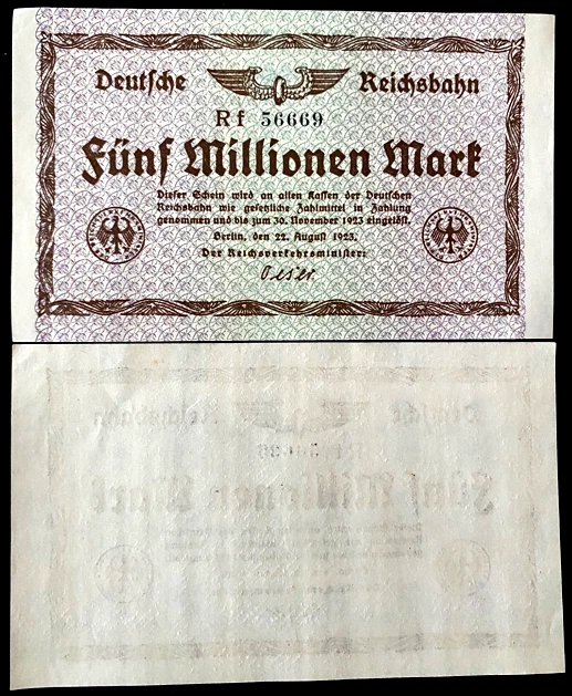 Authentic Historical Germany 5 MILLION Mark 1923 Railroad Banknote 99 Years Old - Image 1 of 1