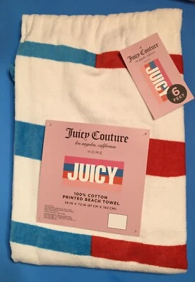 JUICY COUTURE LOGO “JUICY” STRIPED BEACH BATH TOWEL Pinks, Blue, Red, White NWT - Image 1 of 3