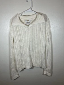 Talbots Women’s V-Neck Polo Pullover Sweater Size XL White Cable Knit Collared - Picture 1 of 3