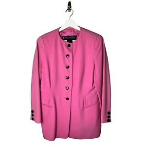 ESCADA Womens Sz 42 L 12 Reg Blazer Pink Wool Long Black Button Front Collarless