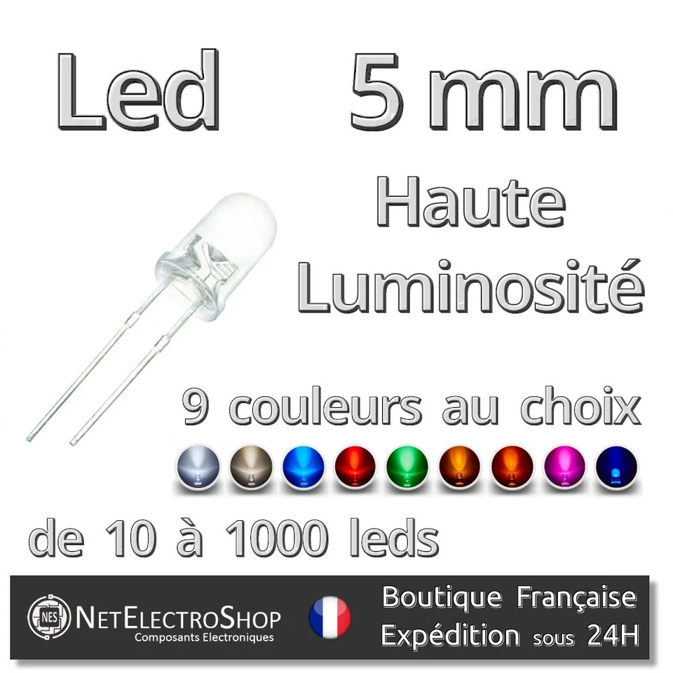 Led 5mm Haute Luminosité, 9 couleurs au choix (mélange possible), Prix dégressif - Image 1 of 1