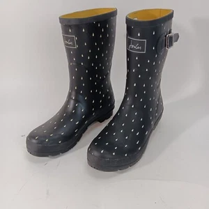 Joules Boots Waterproof Rubber Black w/White Rain Drops Y MollyWelly Womens 9 - Picture 1 of 8