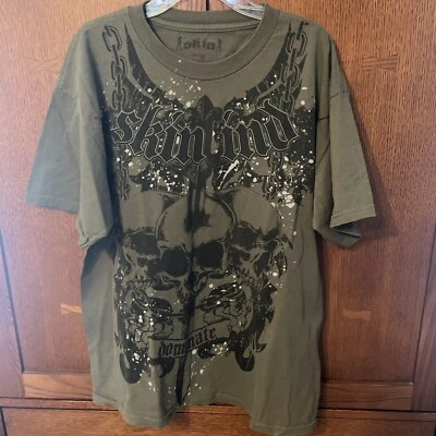 VINTAGE Skin Industries Shirt Mens L Green Cyber Skull Punk Graphic Print Y2K - Image 1 of 4