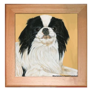 Japanese Chin Dog Kitchen Ceramic Trivet Framed in Pine 8" x 8" - Picture 1 of 1