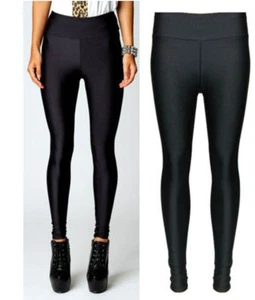 LADIES GIRLS SHINY DISCO LEGGINGS HIGH WAIST BLACK DANCE TROUSER CLUBWEAR PANTS - Picture 1 of 6