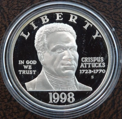 1998-S Black Patriots Crispus Attucks Silver Dollar Proof US Mint $1 - Image 1 of 2