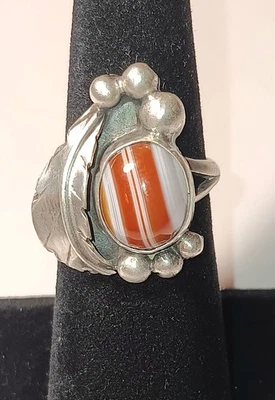 Handmade Navajo Sterling Silver And Orange Banded Agate Ring Size 6 - Image 1 of 4
