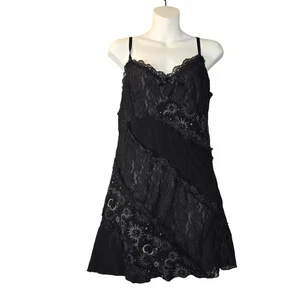 Cosmic Aura M Black Lace Celestial Slip Dress Stretch Gothic Witchy Whimsygoth - Picture 1 of 13