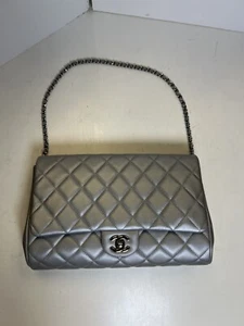 Chanel Silver Lambskin Quilted Clutch with Chain - Picture 1 of 11